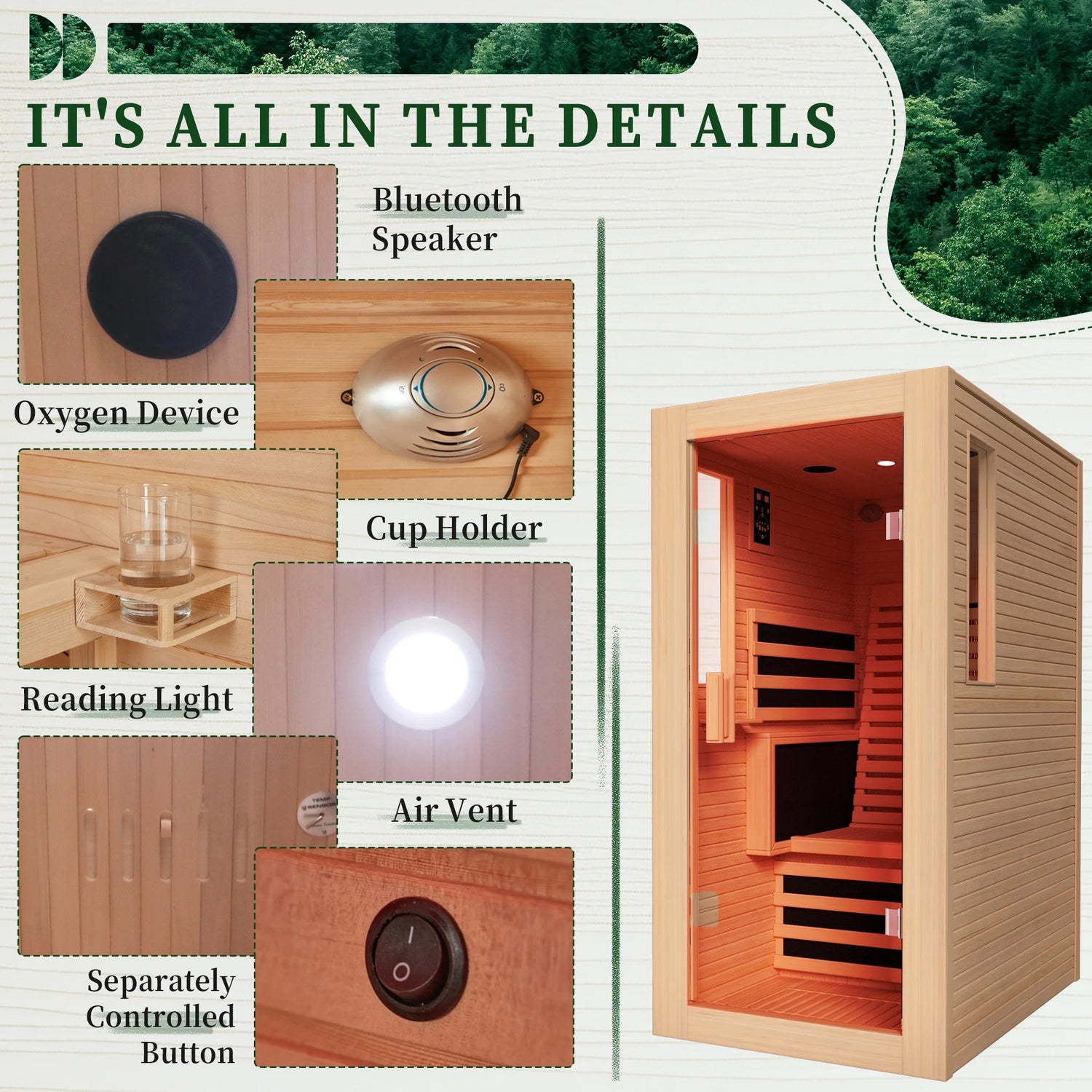 1 Person Infrared Sauna,Home Dry Sauna, Indoor Spa Room, 120V, Detox & Muscle Relaxation - Serenity Spaces