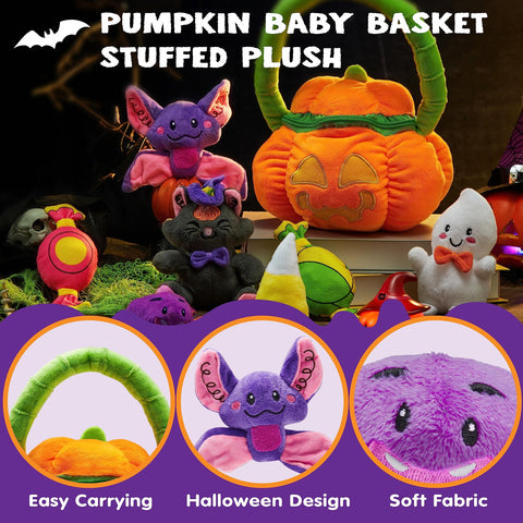 8 Pcs Halloween Basket with Stuffed Plush,Halloween Gift Basket Stuffers for Baby Kids Toddler,Halloween Toys,Halloween Pumpkin Decorations