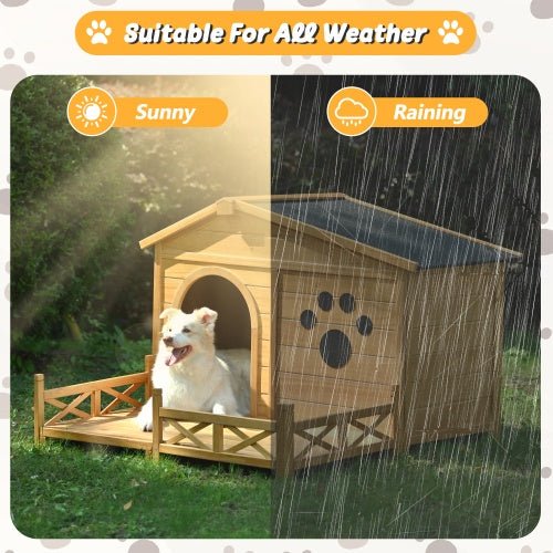 48 Wooden Dog House Outdoor With Porch, Dog Kennel With Water - Resistant Asphalt Roof And Fencing,Indoor & Outdoor Dog Crate With Paw Print, Medium, Nature - Serenity Spaces