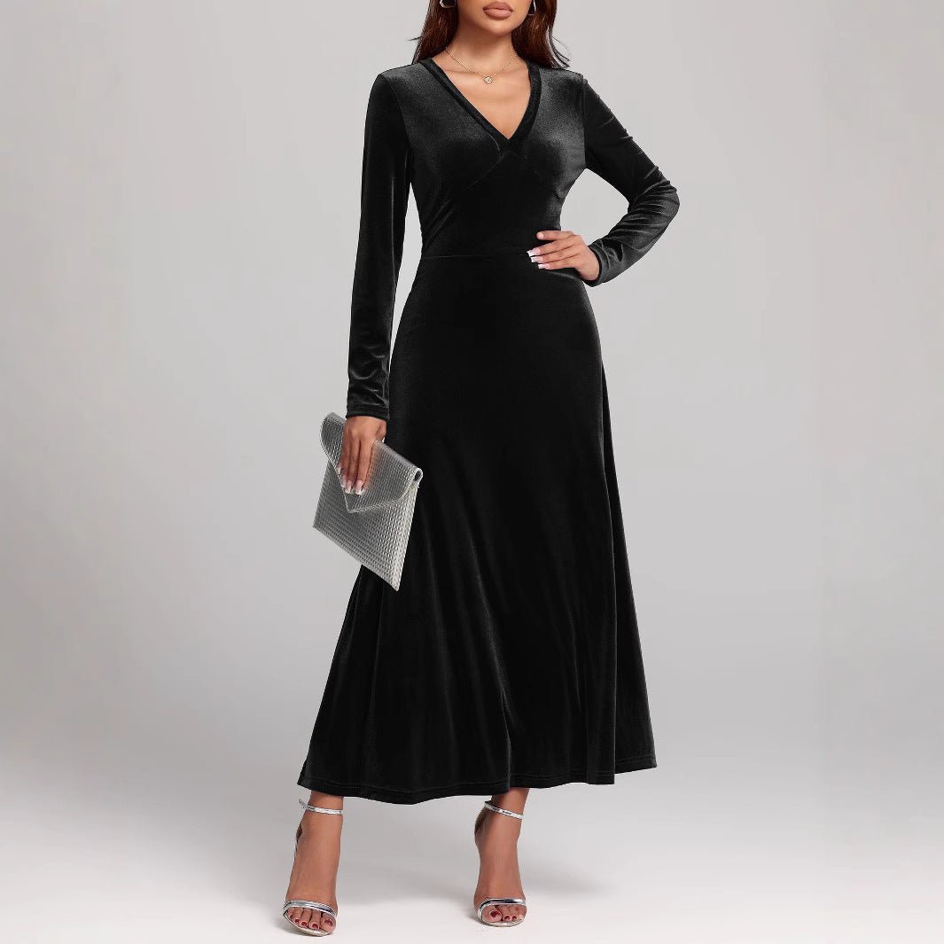 V - neck Long Sleeve Evening Dress Pleuche Dress - Serenity Spaces