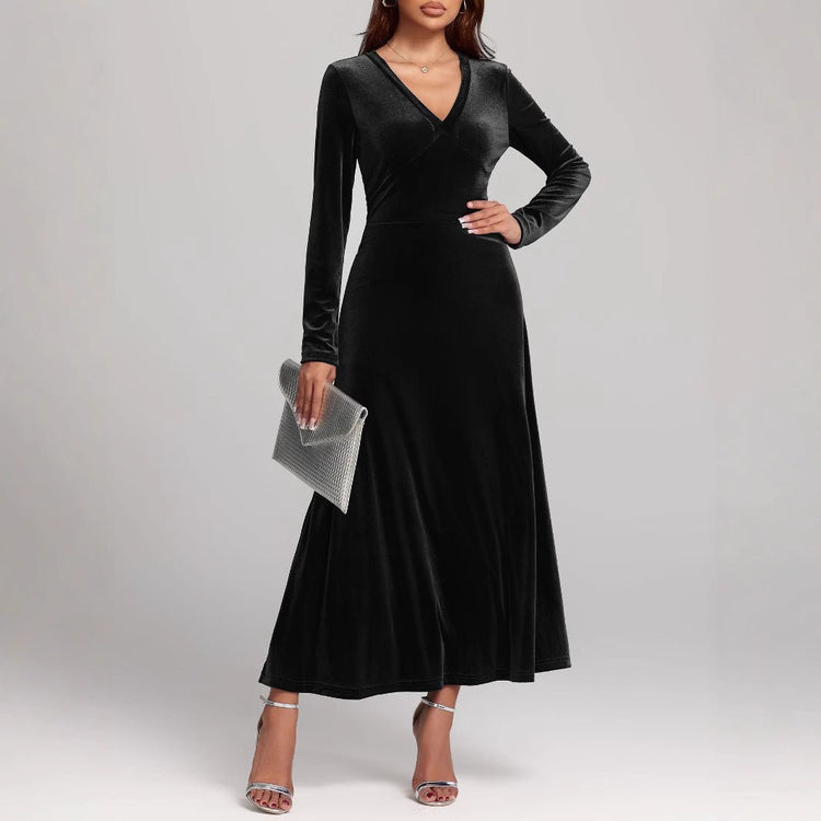 V - neck Long Sleeve Evening Dress Pleuche Dress - Serenity Spaces