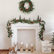 Christmas Garland 6 FT Artificial Cedar Pine Garland Realistic Winter Greenery with Red Berries Garland for Christmas Party Xmas Table Mantle Wall Room Outdoor Indoor Winter Decoration