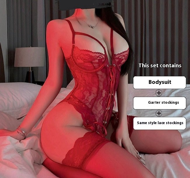 Lingerie Purple Charm Lace Jumpsuit Uniform Pure Desire Bandage Suit Women - Serenity Spaces