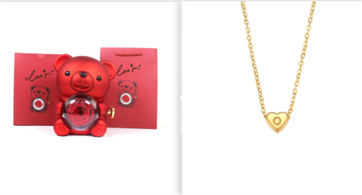 Eternal Rose Teddy Bear Gifts Box With Necklace Rotate Rose Jewelry Box Valentine Wedding Storage Gift Case For Women Girlfriend - Serenity Spaces