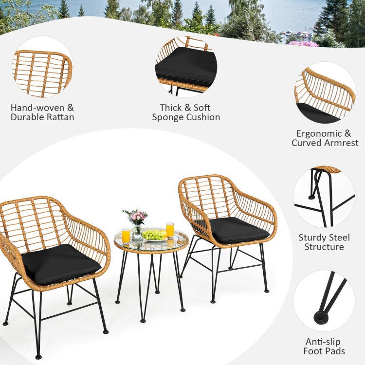 3 Pieces Rattan Furniture Set With Cushioned Chair Table - Serenity Spaces
