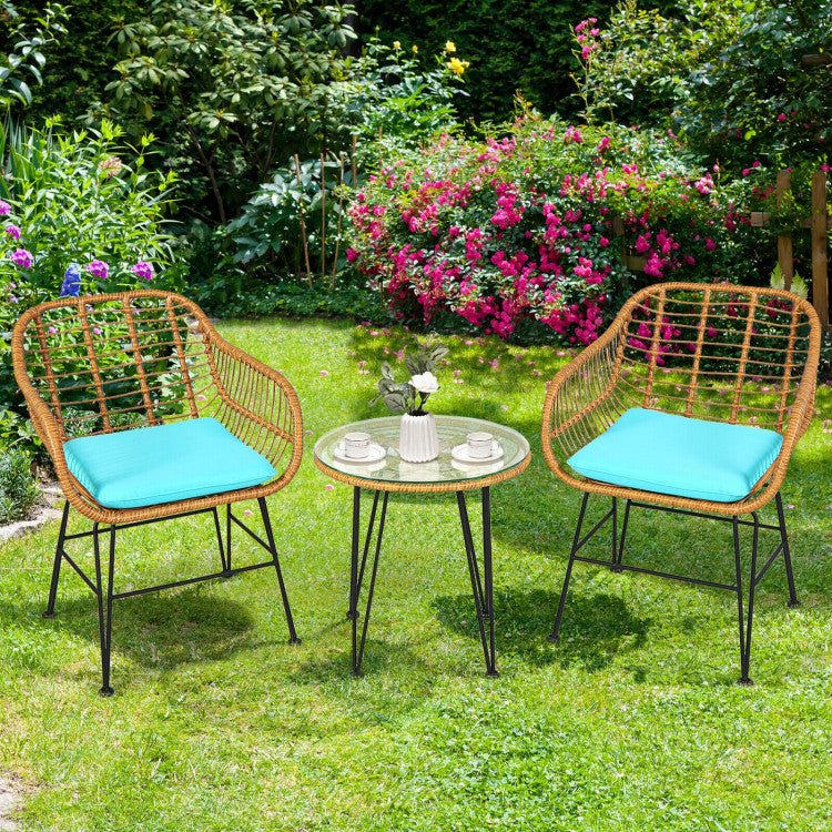3 Pieces Rattan Furniture Set With Cushioned Chair Table - Serenity Spaces