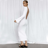 Fashion Slim Long - sleeved Ruffled Long Dress Sexy Hip - wrapped Back - less Knitted Maxi Dresses For Party Beach Womens Clothing - Serenity Spaces