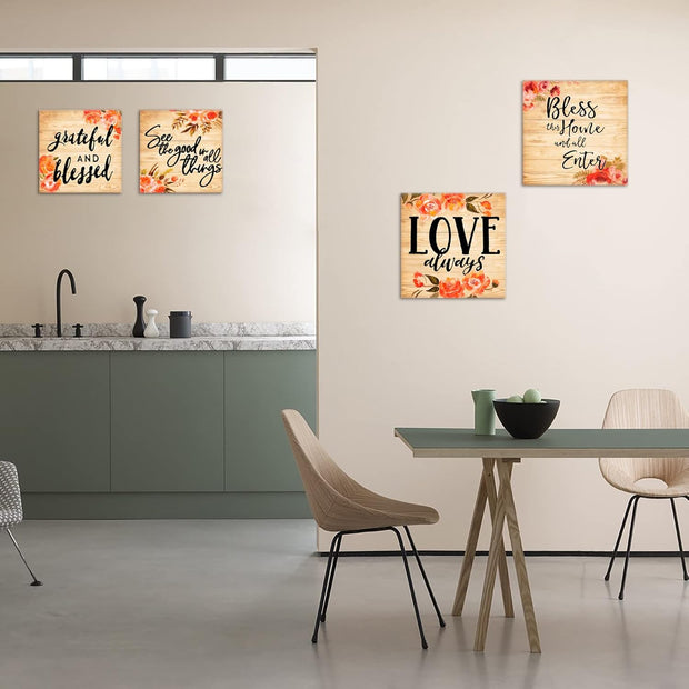 Rustic Blessed Love Sign Wall Art for Living Room Bathroom Decor Wall Art Floral Canvas Wall Art Set, Multi Panel Wood Wall Art Prints 4 Piece 12X12 Inches Farmhouse Wall Art Home Artwork