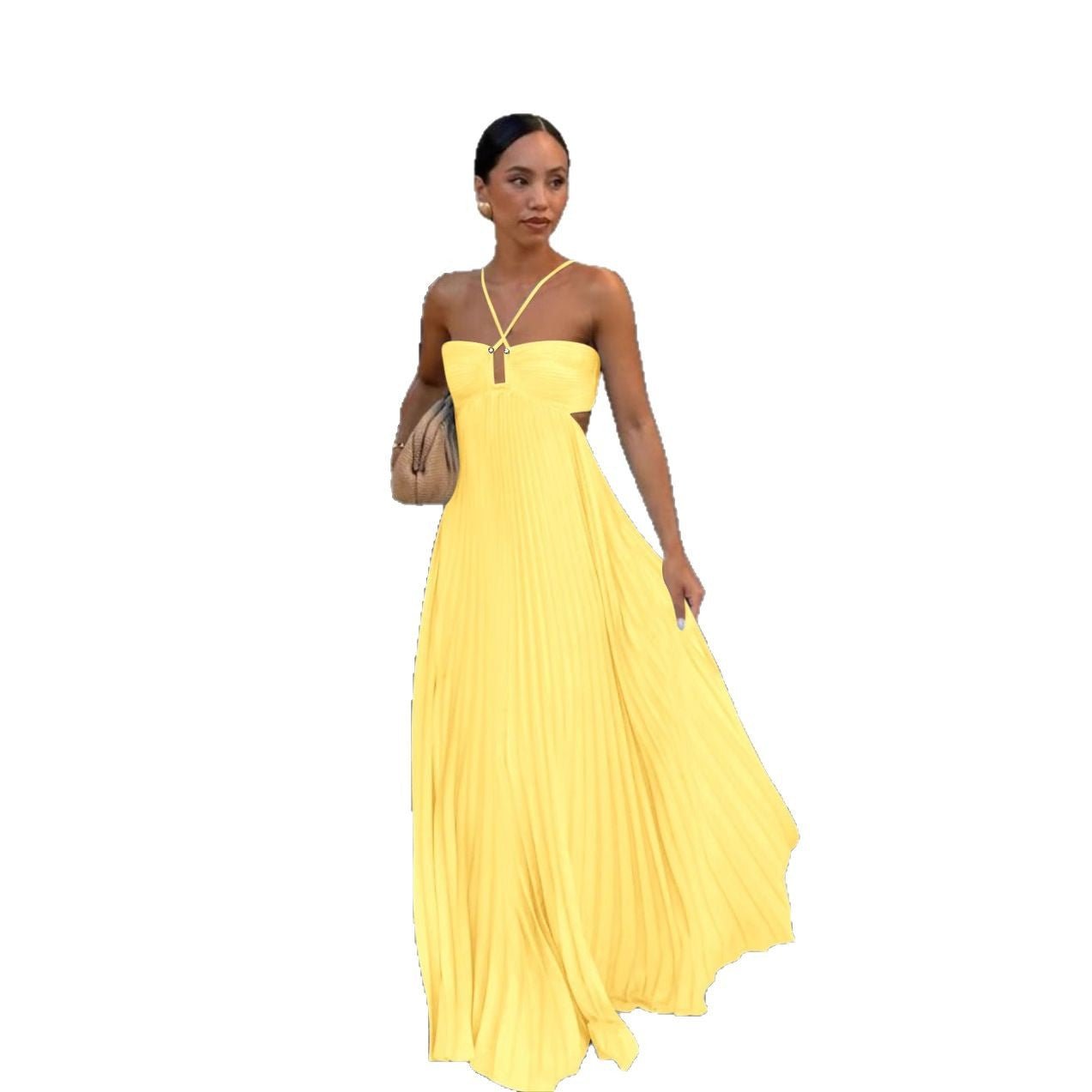 Ins Pleated Sleeveless Sling Dress Hollow High Waist Halter Robe Dresses For Evening Party Club Clothing Women - Serenity Spaces