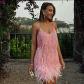 Sexy Tassel Sequins Feather Summer Mini Dress Women V Neck Spaghetti Strap Stitching Dresses Female Elegant Evening Party Club Dress - Serenity Spaces