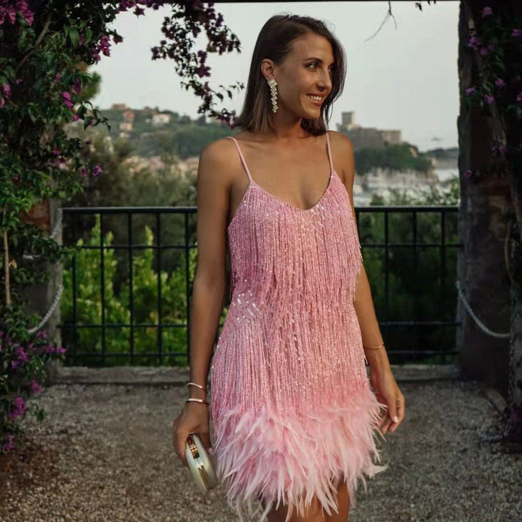 Sexy Tassel Sequins Feather Summer Mini Dress Women V Neck Spaghetti Strap Stitching Dresses Female Elegant Evening Party Club Dress - Serenity Spaces