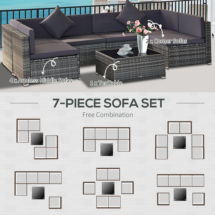 7 Piece Wicker Patio Furniture For Backyard Outdoor Sectional Sofa With Cushions Tempered Glass Coffee Table Pillows Gray - Serenity Spaces