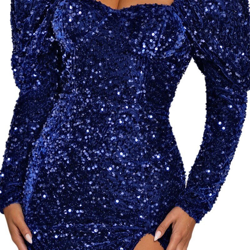 Sequin Backless Padded Shoulder Bubble Sleeve Party Dresses For Women - Serenity Spaces