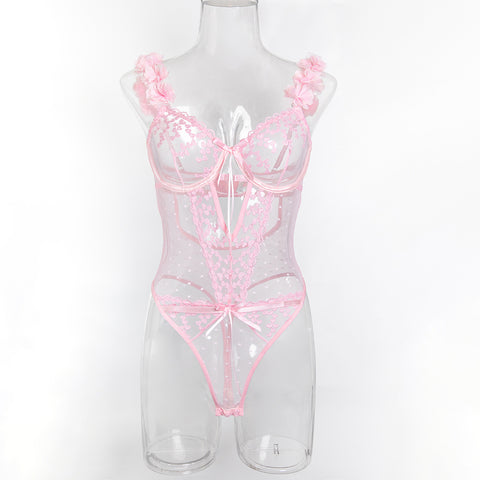 Pink Petals Love Embroidered Romantic Girls' Clothing Design Sexy Lingerie Jumpsuit