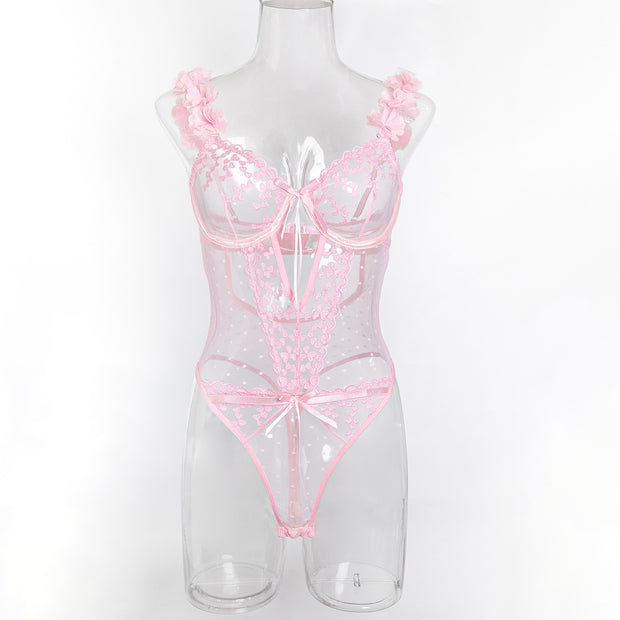 Pink Petals Love Embroidered Romantic Girls' Clothing Design Sexy Lingerie Jumpsuit
