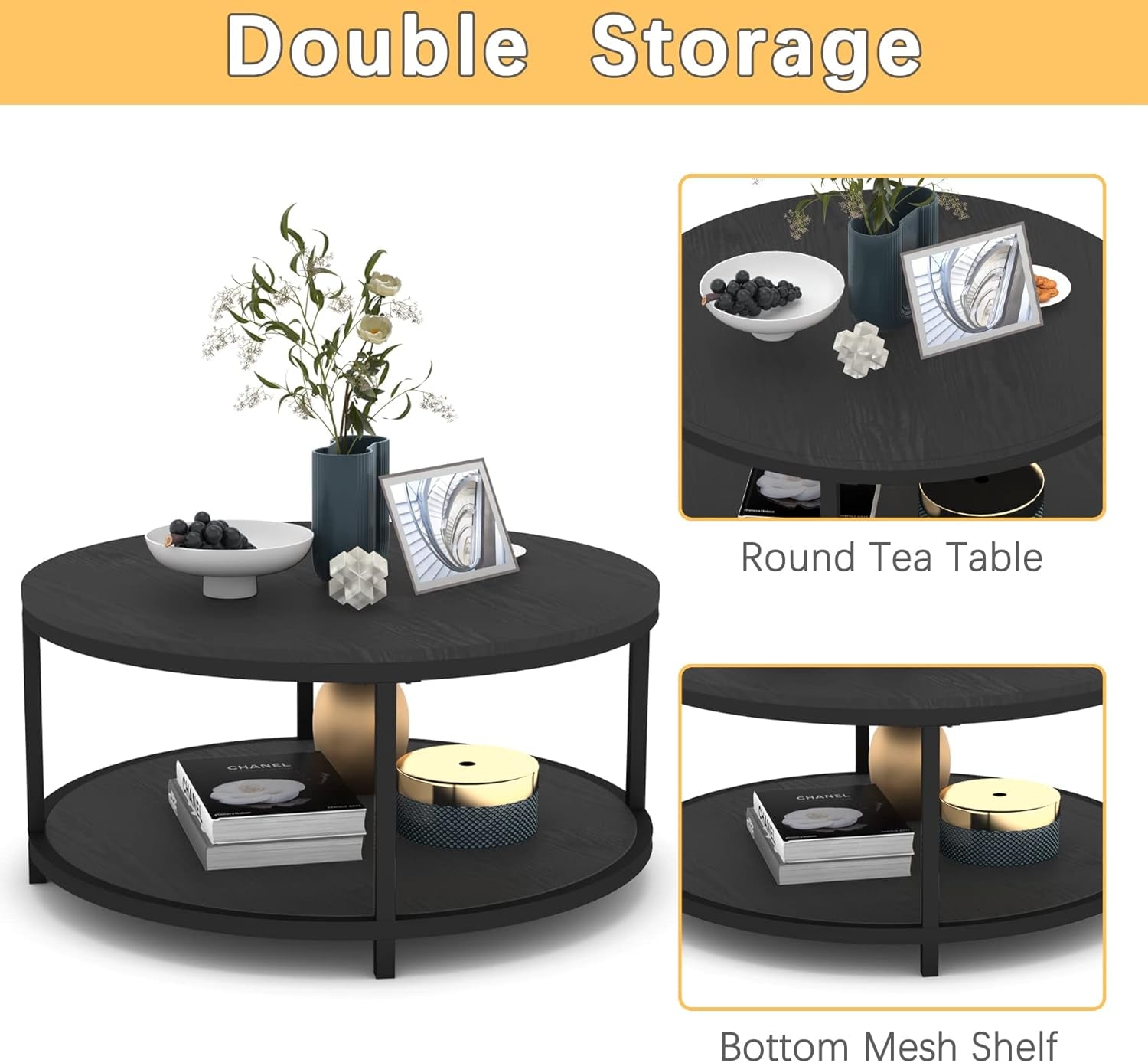 round Coffee Table, 36" Rustic Wooden Surface Top & Sturdy Metal Legs Industrial Sofa Table for Living Room Modern Design Home Furniture with Storage Open Shelf (Black Oak) - Serenity Spaces
