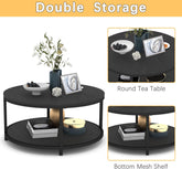 round Coffee Table, 36" Rustic Wooden Surface Top & Sturdy Metal Legs Industrial Sofa Table for Living Room Modern Design Home Furniture with Storage Open Shelf (Black Oak) - Serenity Spaces