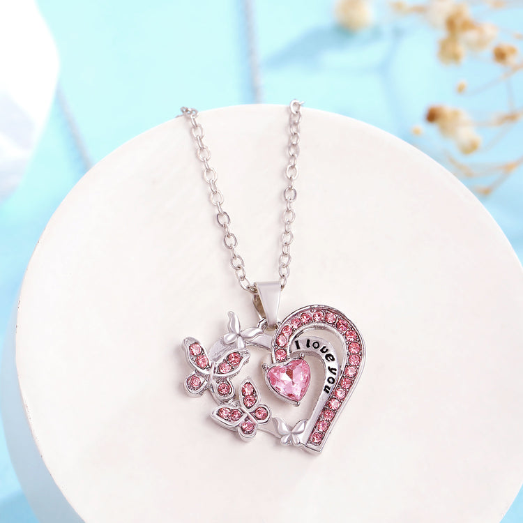 Ins Butterfly Love Necklace With Rhinestones Fashion Personality Hollow Heart - shaped Clavicle Chain Pendant Necklace For Valentine&