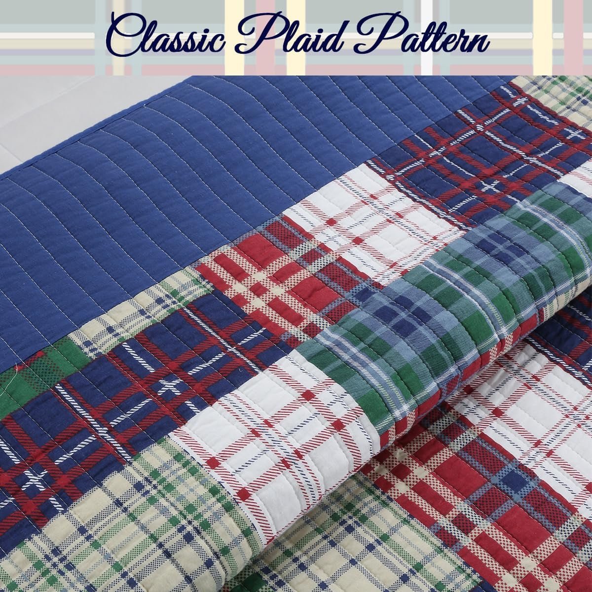 Navy Blue Green Red Plaid 100% Cotton Quilt Bedding Set, Reversible Coverlet, Bedspread (England Patchwork, Queen - 3 Piece) - Serenity Spaces