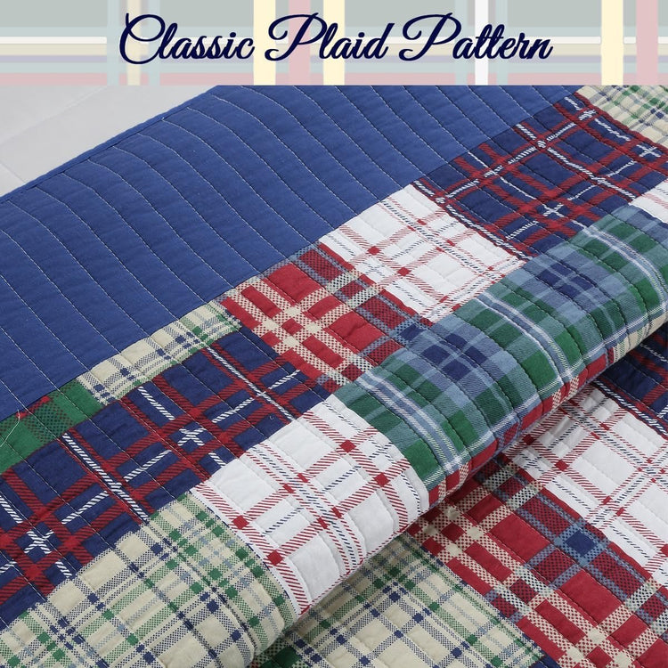 Navy Blue Green Red Plaid 100% Cotton Quilt Bedding Set, Reversible Coverlet, Bedspread (England Patchwork, Queen - 3 Piece) - Serenity Spaces