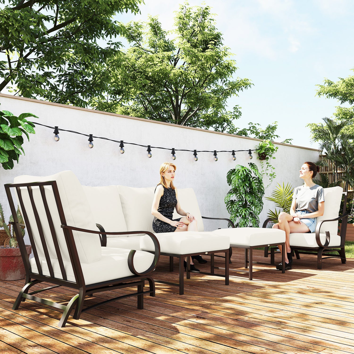 5 Piece Backyard Patio Furniture Set, Outdoor Furniture Set With 2 Rocking Chairs, 3 - Seat Sofa, And 2 Ottomans, Beige - Serenity Spaces