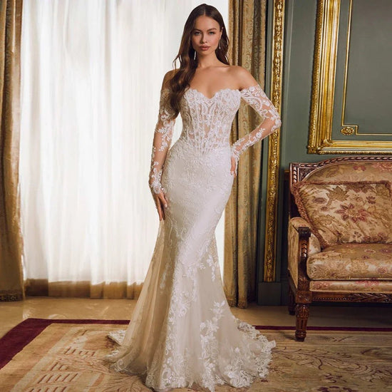 Off - shoulder Lace Long Sleeve Fishtail Gown - Serenity Spaces