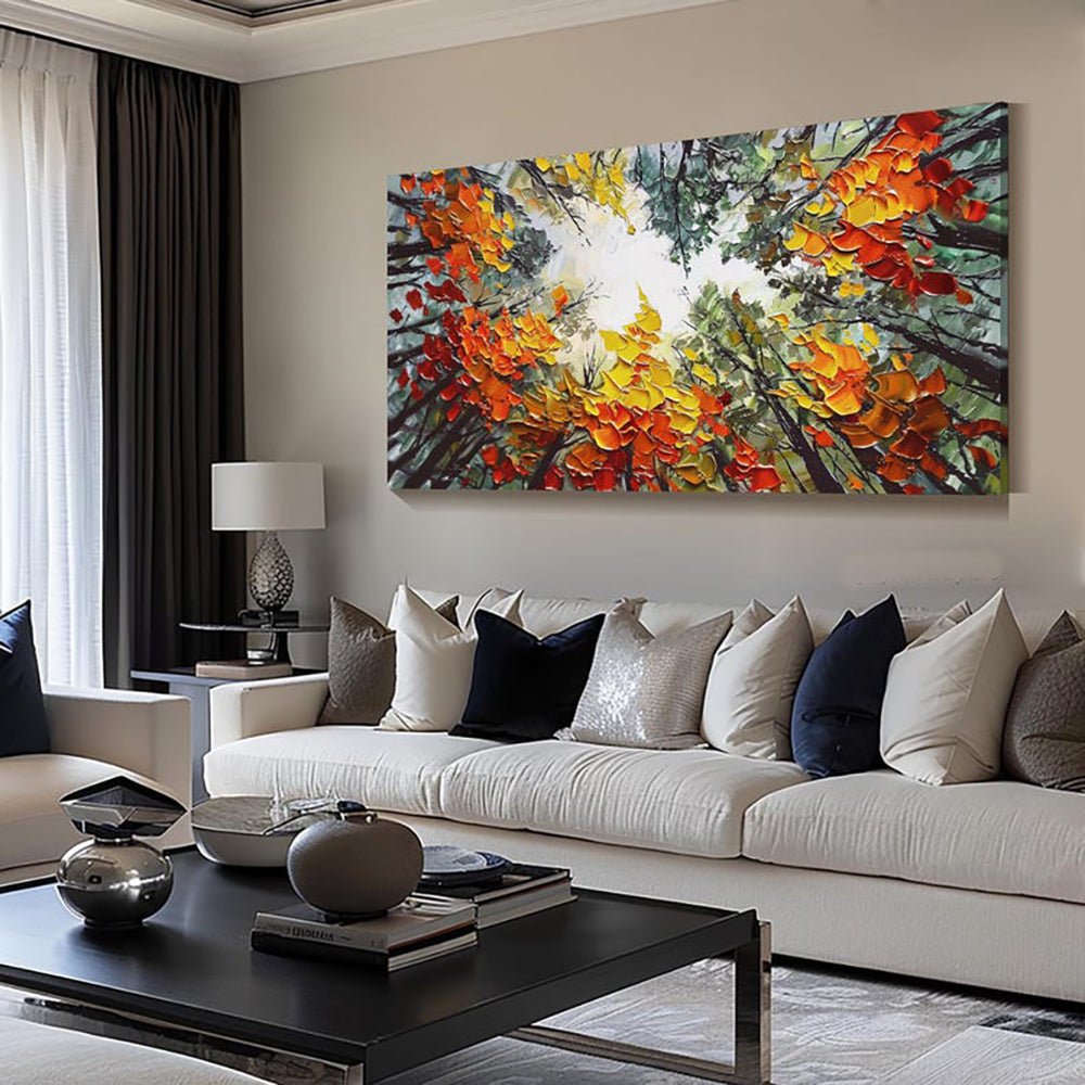 Modern Brich Treescape Landscape Canvas Artwork Handpainted Orange Forest Thick Oil Painting Natural Home Wall Decor - Serenity Spaces