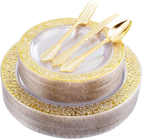 150Pcs Clear Gold Lace Plastic Party Plates Disposable Dinnerware Set Include 30 Dinner Plate-30 Dessert Plate-90 Gold Silverware Perfect for Birthday Wedding Party Dinner