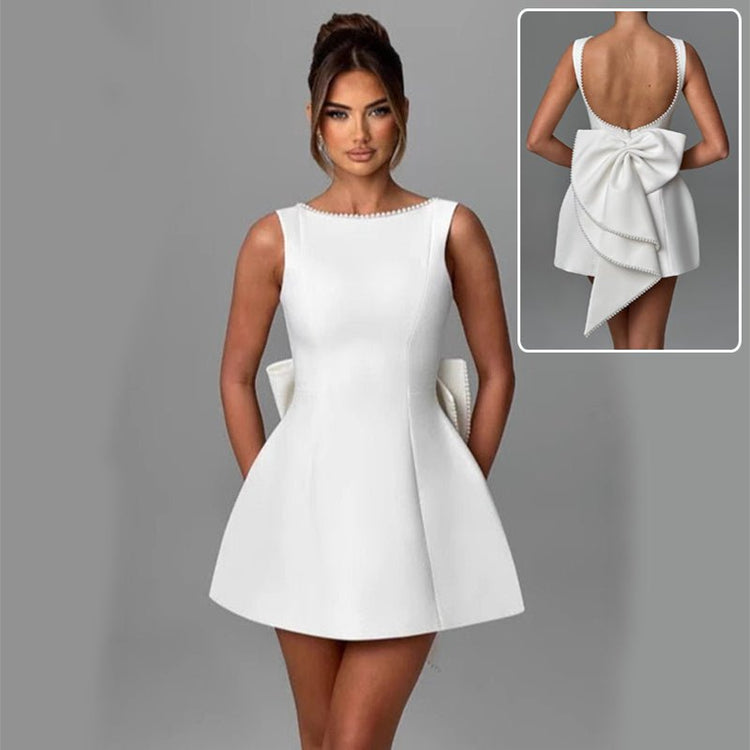 Fashion Big - Bowed Pearls Backless Dress Summer Slim Sleeveless A - line Dresses For Party Evening Women&