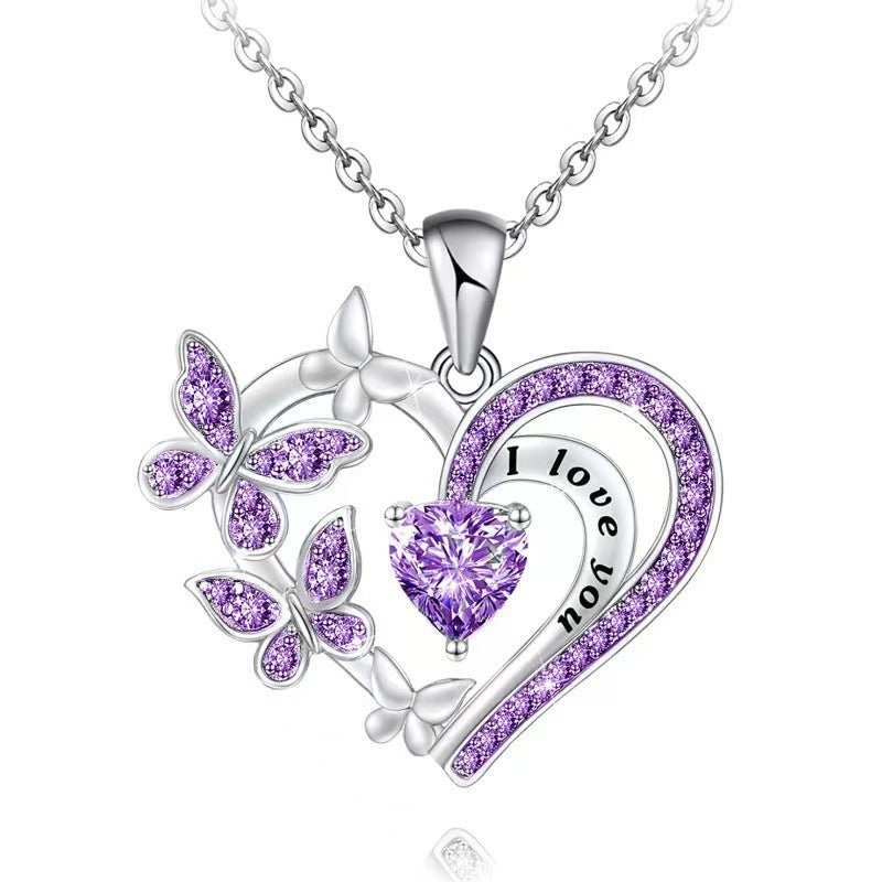 Ins Butterfly Love Necklace With Rhinestones Fashion Personality Hollow Heart - shaped Clavicle Chain Pendant Necklace For Valentine&