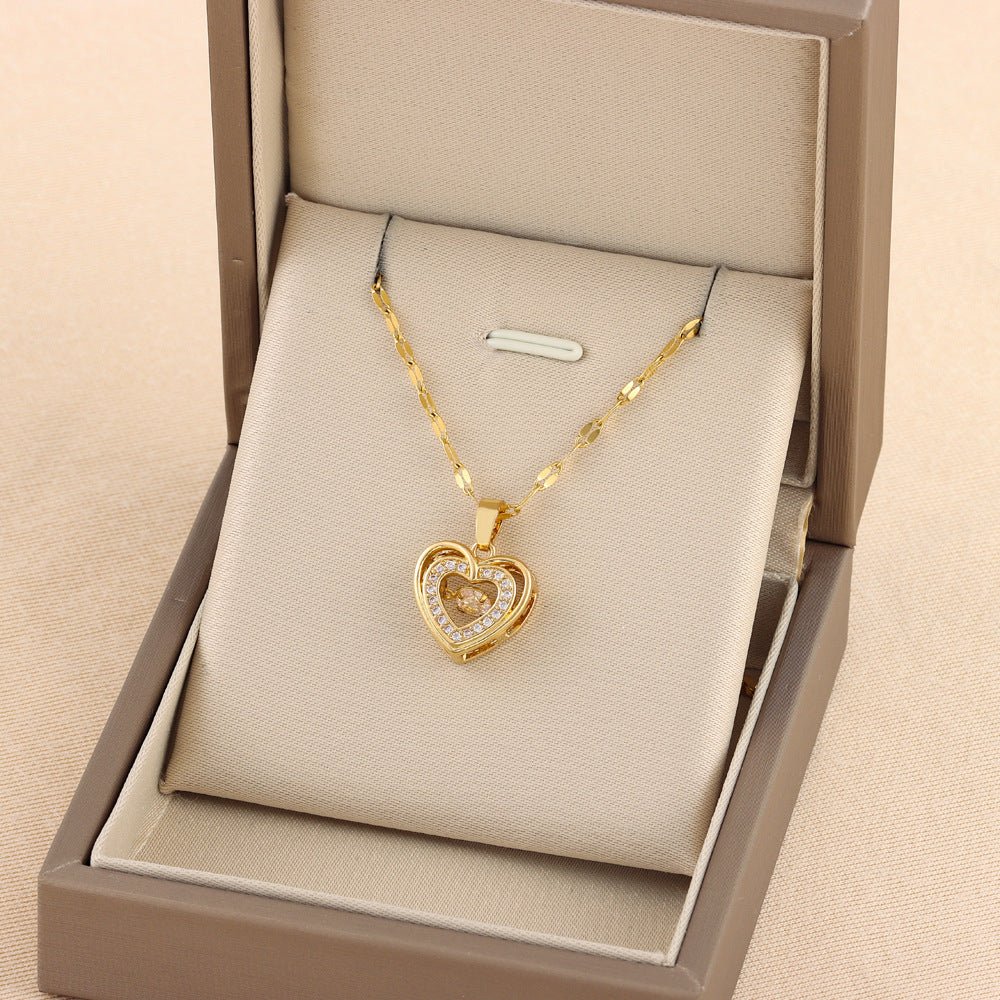 Double - layer Love Necklace With Rhinestones Titanium Steel Pendant Fashion Jewelry Woman Valentines Day Gift - Serenity Spaces
