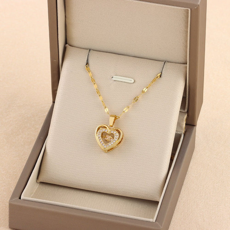Double - layer Love Necklace With Rhinestones Titanium Steel Pendant Fashion Jewelry Woman Valentines Day Gift - Serenity Spaces