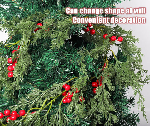 Christmas Garland 6 FT Artificial Cedar Pine Garland Realistic Winter Greenery with Red Berries Garland for Christmas Party Xmas Table Mantle Wall Room Outdoor Indoor Winter Decoration