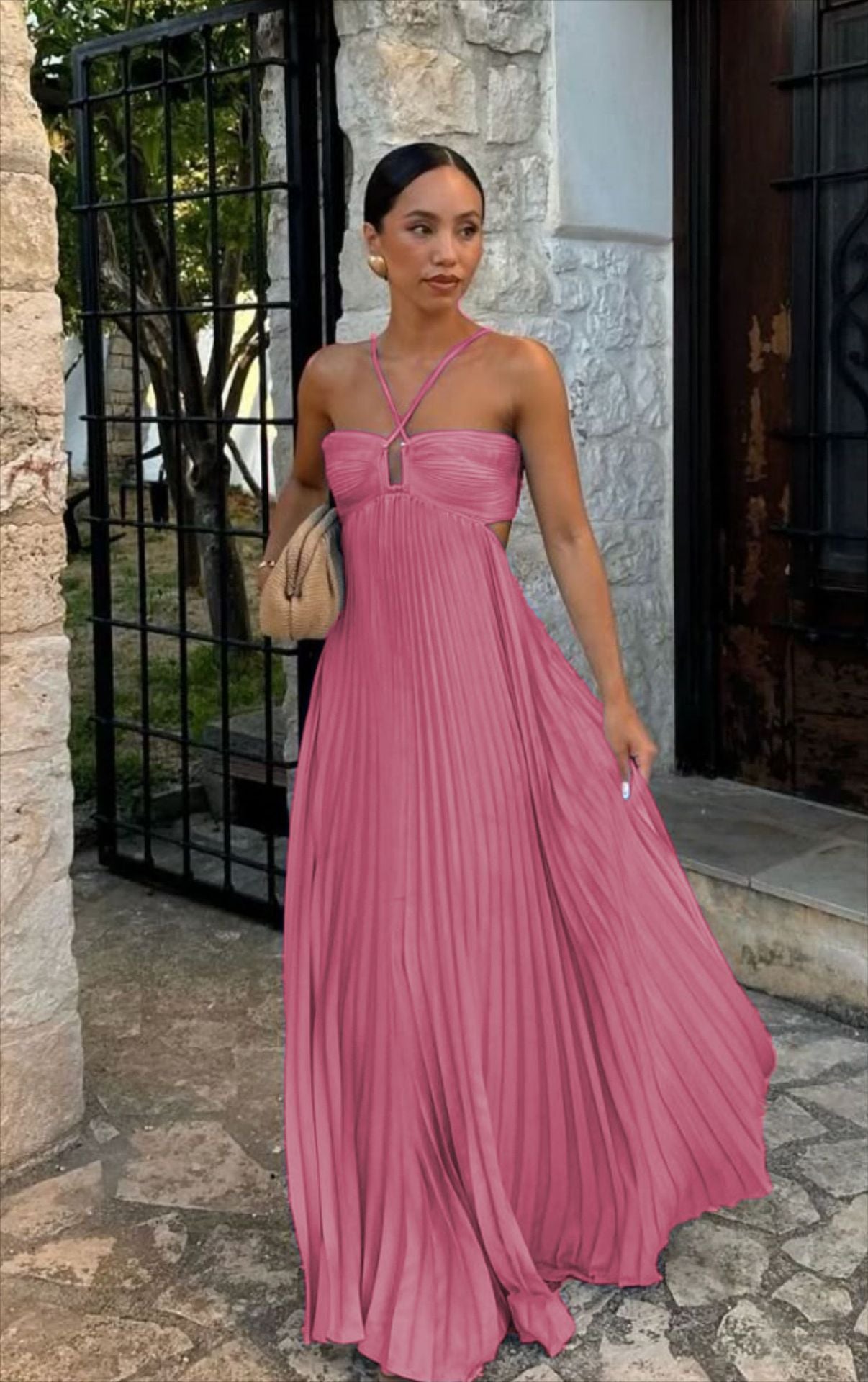 Ins Pleated Sleeveless Sling Dress Hollow High Waist Halter Robe Dresses For Evening Party Club Clothing Women - Serenity Spaces