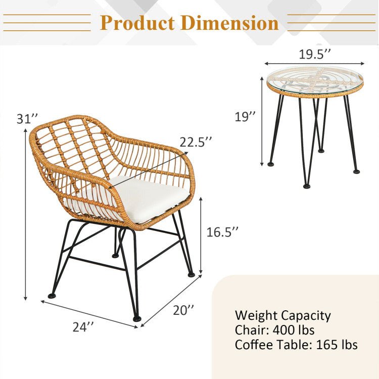 3 Pieces Rattan Furniture Set With Cushioned Chair Table - Serenity Spaces