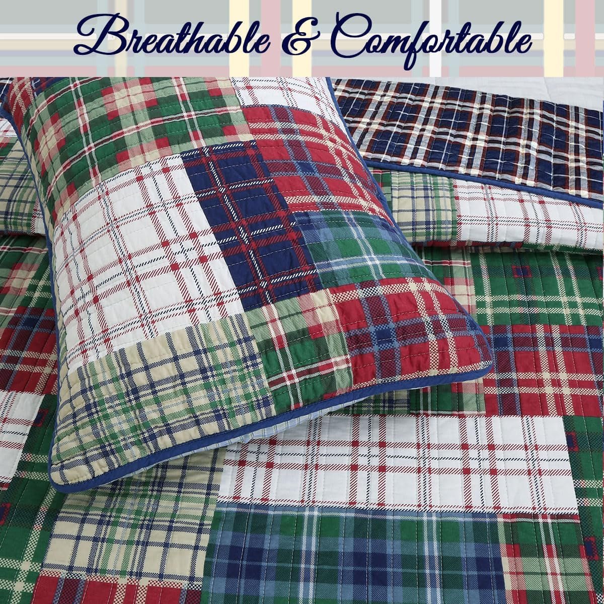 Navy Blue Green Red Plaid 100% Cotton Quilt Bedding Set, Reversible Coverlet, Bedspread (England Patchwork, Queen - 3 Piece) - Serenity Spaces