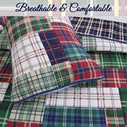Navy Blue Green Red Plaid 100% Cotton Quilt Bedding Set, Reversible Coverlet, Bedspread (England Patchwork, Queen - 3 Piece)